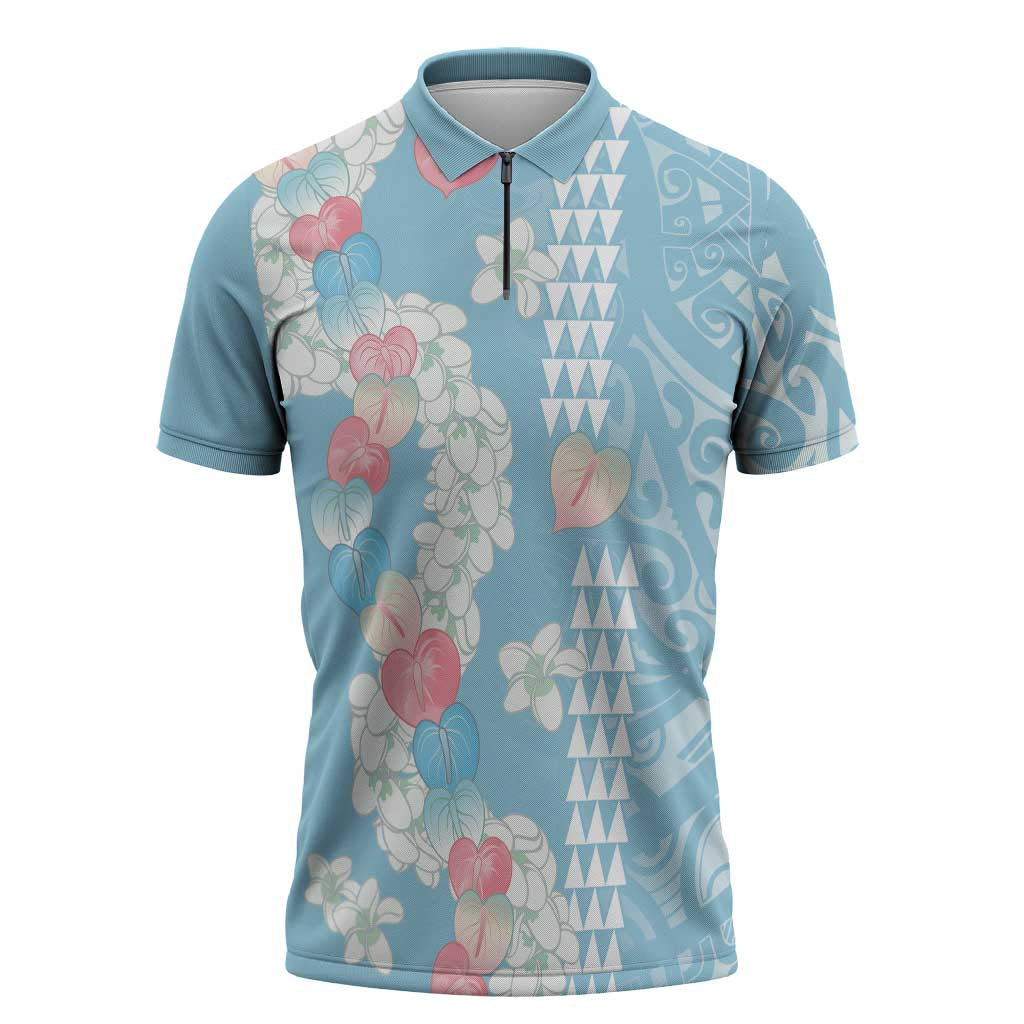 Blue Hawaii Anthurium Plumeria Lei Zipper Polo Shirt