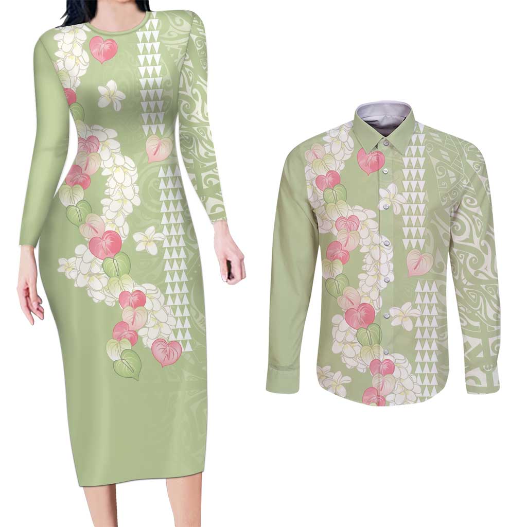 Leaf Green Hawaii Anthurium Plumeria Lei Couples Matching Long Sleeve Bodycon Dress and Long Sleeve Button Shirt LT9 Green - Polynesian Pride