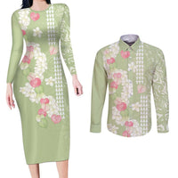 Leaf Green Hawaii Anthurium Plumeria Lei Couples Matching Long Sleeve Bodycon Dress and Long Sleeve Button Shirt LT9 Green - Polynesian Pride