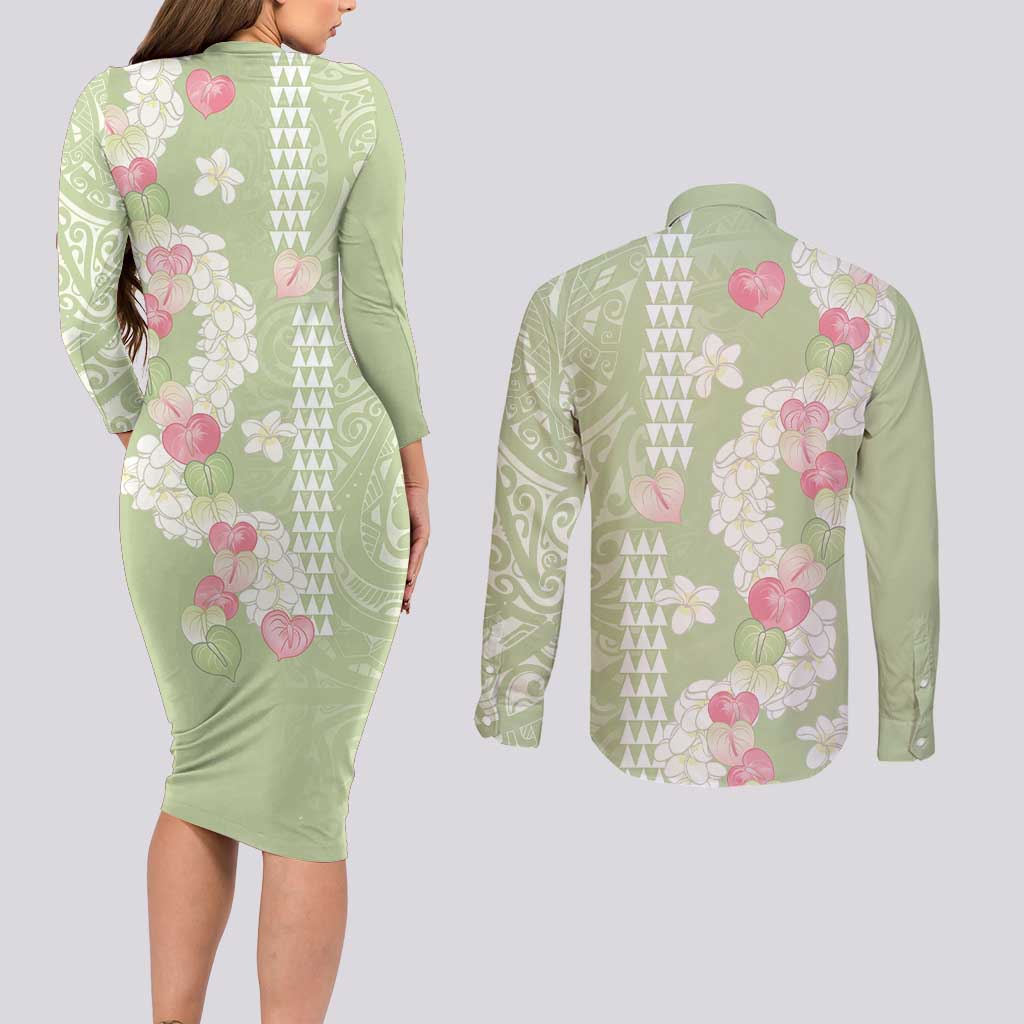Leaf Green Hawaii Anthurium Plumeria Lei Couples Matching Long Sleeve Bodycon Dress and Long Sleeve Button Shirt LT9 - Polynesian Pride