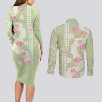 Leaf Green Hawaii Anthurium Plumeria Lei Couples Matching Long Sleeve Bodycon Dress and Long Sleeve Button Shirt LT9 - Polynesian Pride