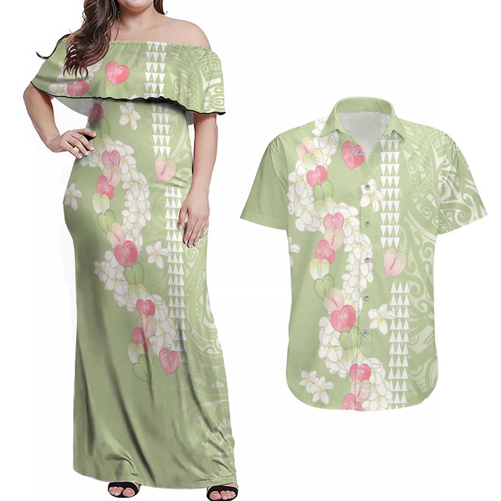 Leaf Green Hawaii Anthurium Plumeria Lei Couples Matching Off Shoulder Maxi Dress and Hawaiian Shirt