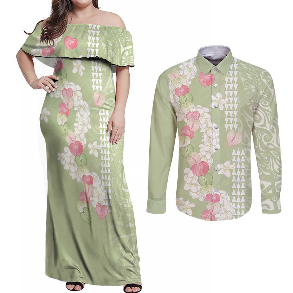 Leaf Green Hawaii Anthurium Plumeria Lei Couples Matching Off Shoulder Maxi Dress and Long Sleeve Button Shirt