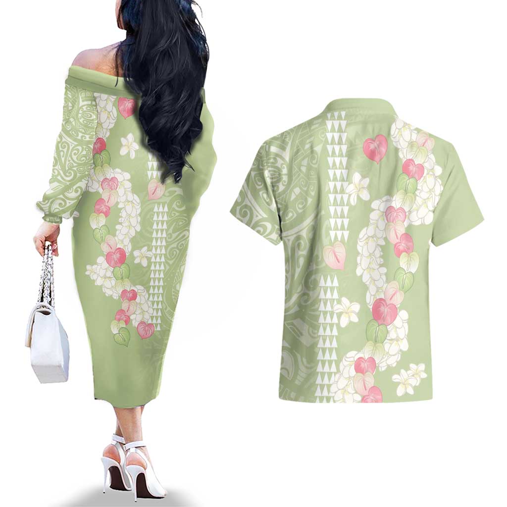 Leaf Green Hawaii Anthurium Plumeria Lei Couples Matching Off The Shoulder Long Sleeve Dress and Hawaiian Shirt LT9 - Polynesian Pride
