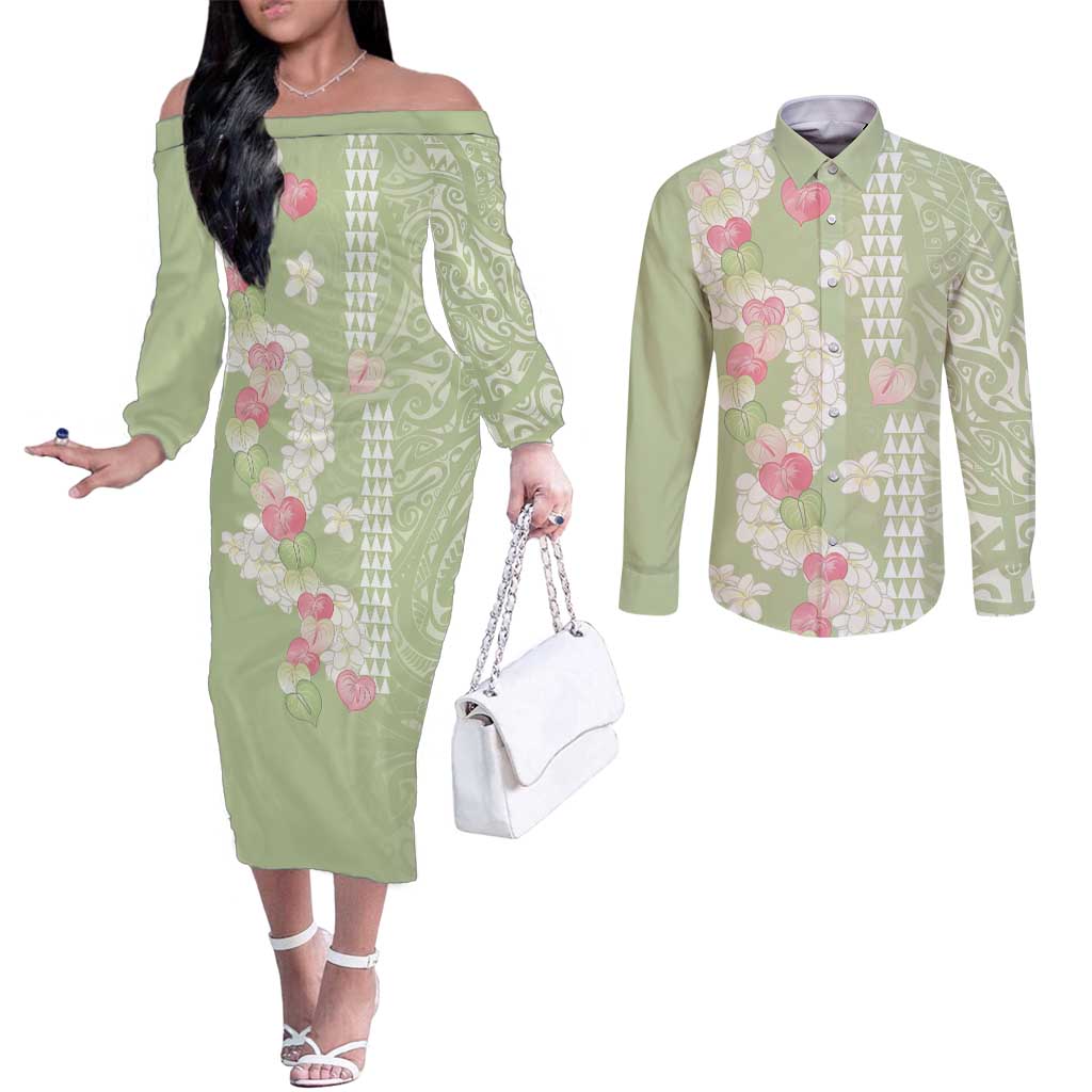 Leaf Green Hawaii Anthurium Plumeria Lei Couples Matching Off The Shoulder Long Sleeve Dress and Long Sleeve Button Shirt
