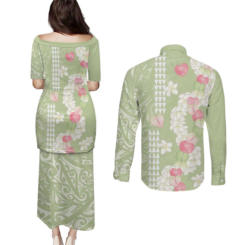 Leaf Green Hawaii Anthurium Plumeria Lei Couples Matching Puletasi and Long Sleeve Button Shirt
