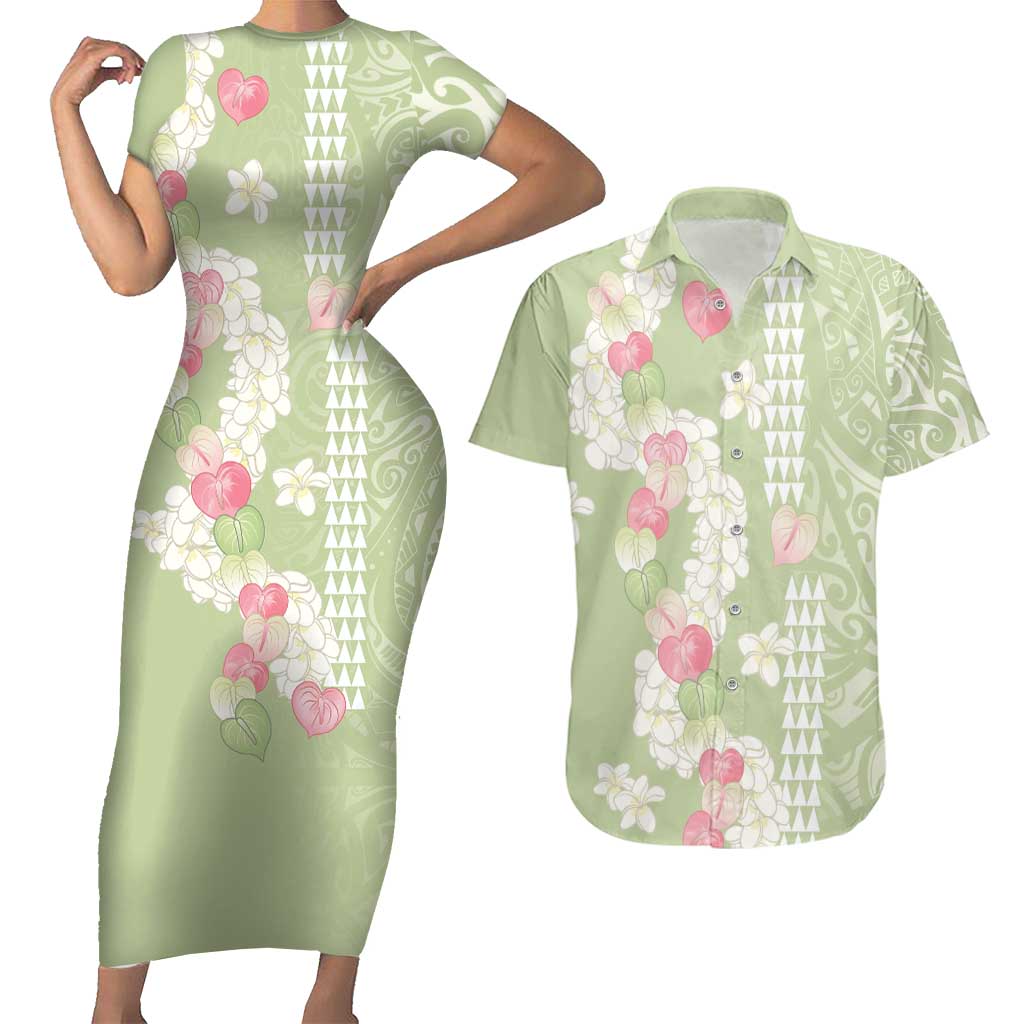 Leaf Green Hawaii Anthurium Plumeria Lei Couples Matching Short Sleeve Bodycon Dress and Hawaiian Shirt