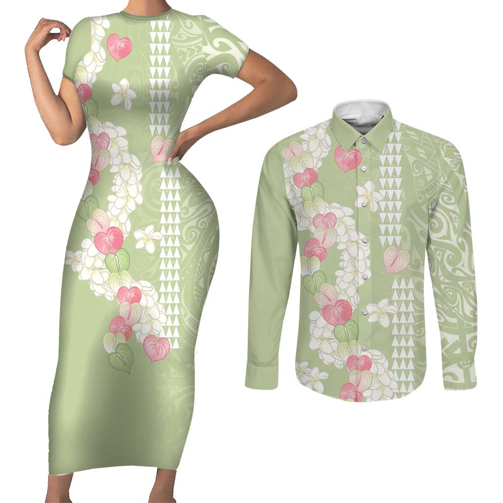 Leaf Green Hawaii Anthurium Plumeria Lei Couples Matching Short Sleeve Bodycon Dress and Long Sleeve Button Shirt LT9 Green - Polynesian Pride