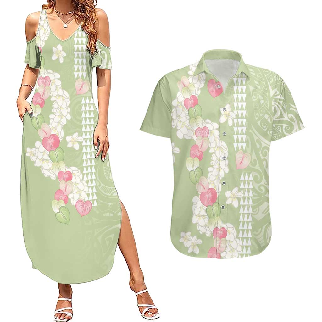 Leaf Green Hawaii Anthurium Plumeria Lei Couples Matching Summer Maxi Dress and Hawaiian Shirt