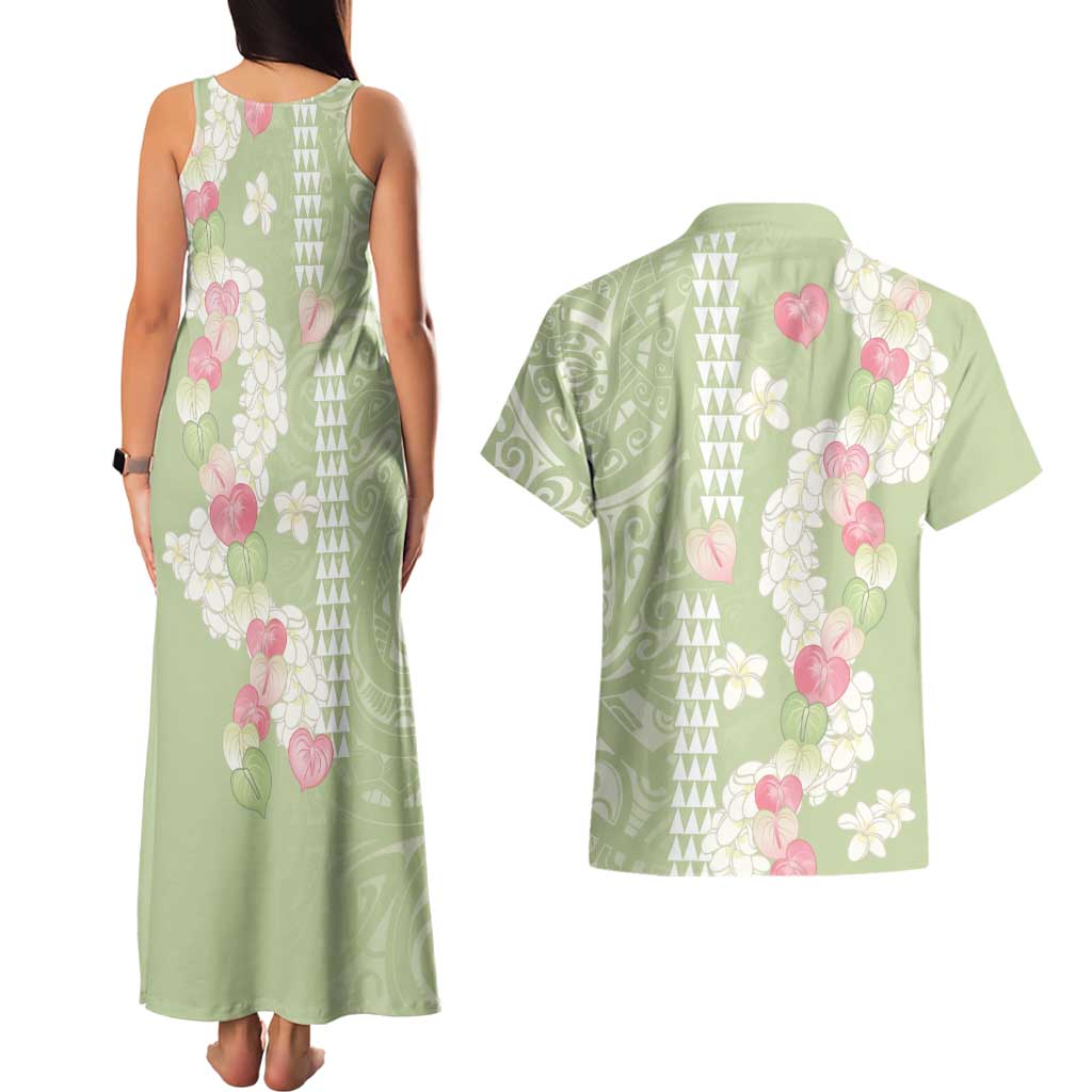 Leaf Green Hawaii Anthurium Plumeria Lei Couples Matching Tank Maxi Dress and Hawaiian Shirt