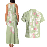Leaf Green Hawaii Anthurium Plumeria Lei Couples Matching Tank Maxi Dress and Hawaiian Shirt