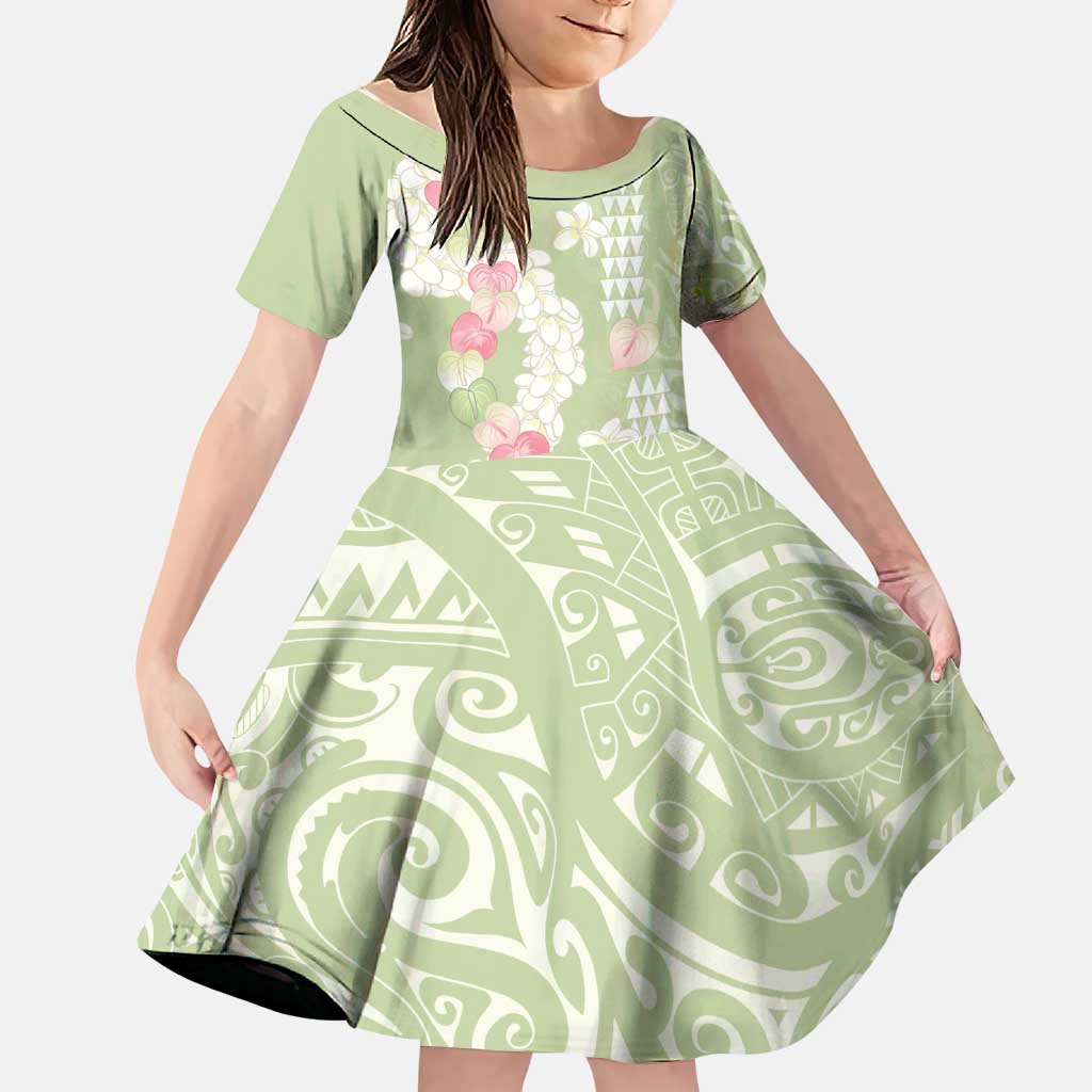 Leaf Green Hawaii Anthurium Plumeria Lei Family Matching Long Sleeve Bodycon Dress and Hawaiian Shirt LT9 Daughter's Dress Green - Polynesian Pride