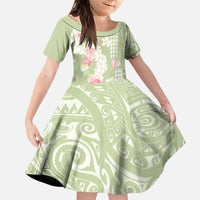 Leaf Green Hawaii Anthurium Plumeria Lei Family Matching Long Sleeve Bodycon Dress and Hawaiian Shirt LT9 Daughter's Dress Green - Polynesian Pride