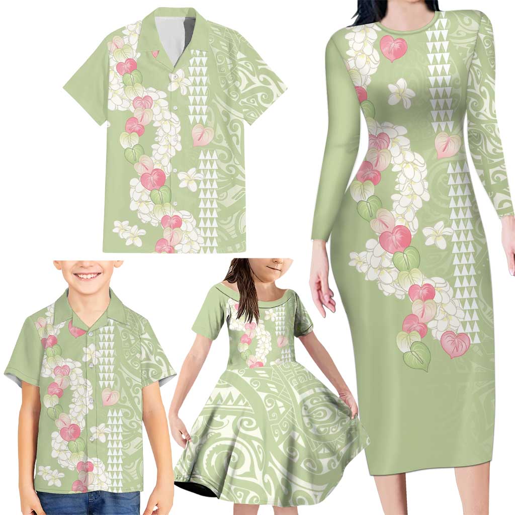Leaf Green Hawaii Anthurium Plumeria Lei Family Matching Long Sleeve Bodycon Dress and Hawaiian Shirt LT9 - Polynesian Pride