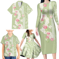 Leaf Green Hawaii Anthurium Plumeria Lei Family Matching Long Sleeve Bodycon Dress and Hawaiian Shirt LT9 - Polynesian Pride