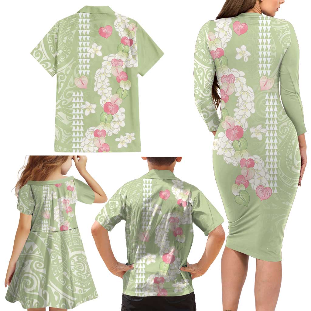 Leaf Green Hawaii Anthurium Plumeria Lei Family Matching Long Sleeve Bodycon Dress and Hawaiian Shirt LT9 - Polynesian Pride
