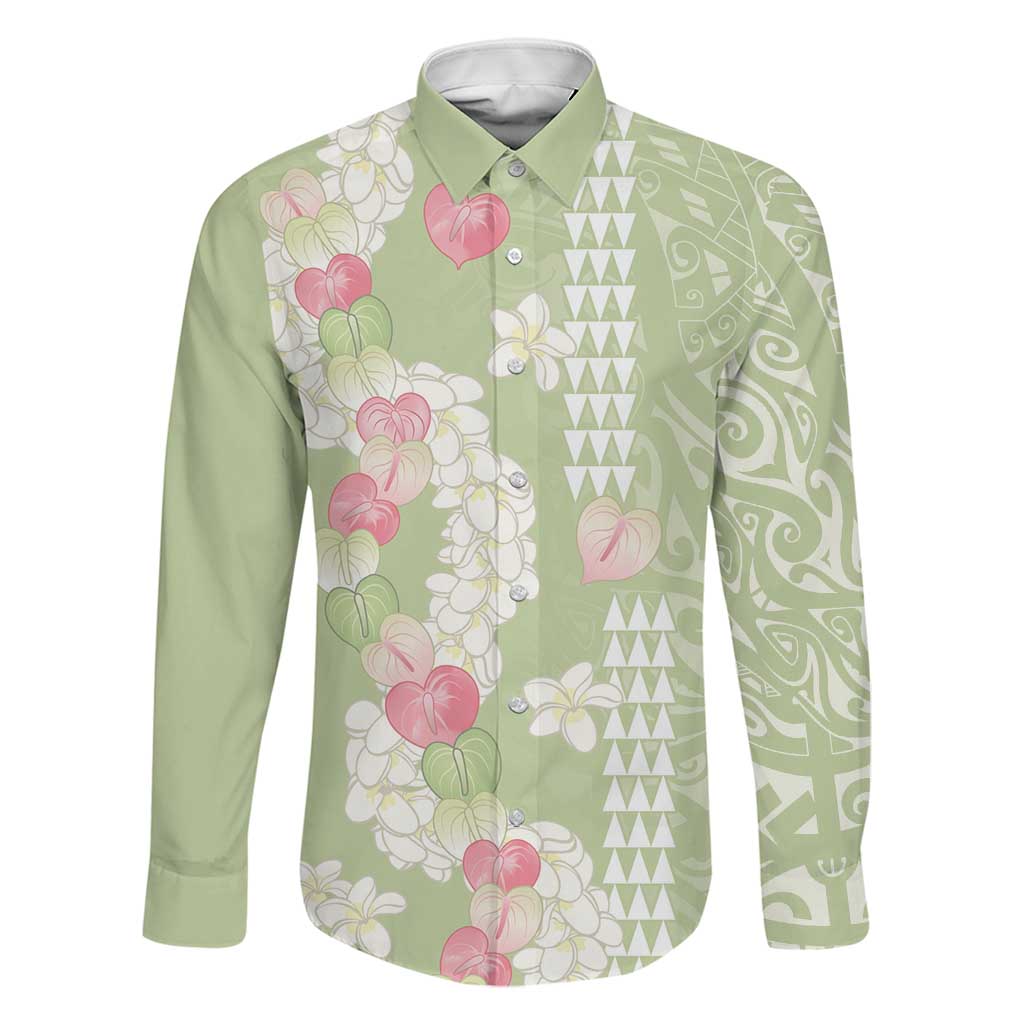 Leaf Green Hawaii Anthurium Plumeria Lei Family Matching Long Sleeve Bodycon Dress and Hawaiian Shirt LT9 Dad's Shirt - Long Sleeve Green - Polynesian Pride
