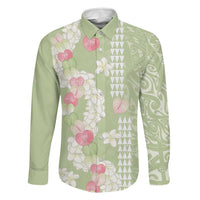 Leaf Green Hawaii Anthurium Plumeria Lei Family Matching Long Sleeve Bodycon Dress and Hawaiian Shirt LT9 Dad's Shirt - Long Sleeve Green - Polynesian Pride