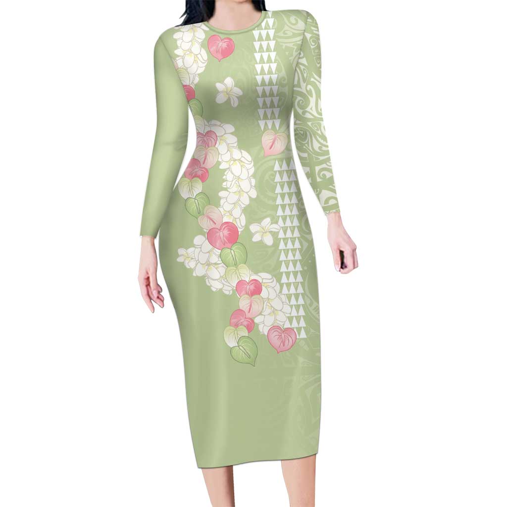 Leaf Green Hawaii Anthurium Plumeria Lei Family Matching Long Sleeve Bodycon Dress and Hawaiian Shirt LT9 Mom's Dress Green - Polynesian Pride