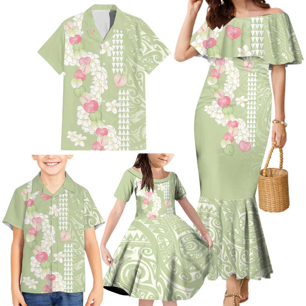Leaf Green Hawaii Anthurium Plumeria Lei Family Matching Mermaid Dress and Hawaiian Shirt