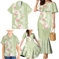 Leaf Green Hawaii Anthurium Plumeria Lei Family Matching Mermaid Dress and Hawaiian Shirt