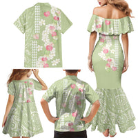 Leaf Green Hawaii Anthurium Plumeria Lei Family Matching Mermaid Dress and Hawaiian Shirt