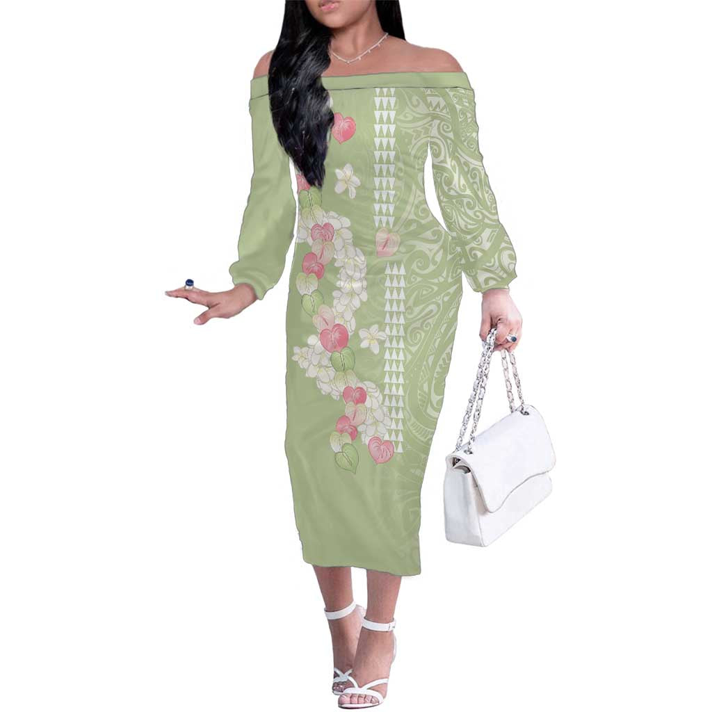 Leaf Green Hawaii Anthurium Plumeria Lei Family Matching Off The Shoulder Long Sleeve Dress and Hawaiian Shirt
