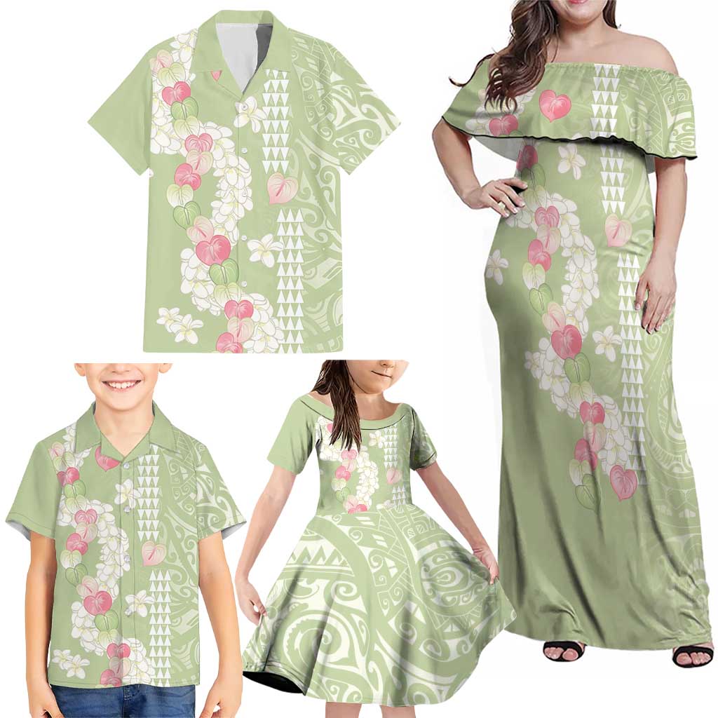 Leaf Green Hawaii Anthurium Plumeria Lei Family Matching Off Shoulder Maxi Dress and Hawaiian Shirt