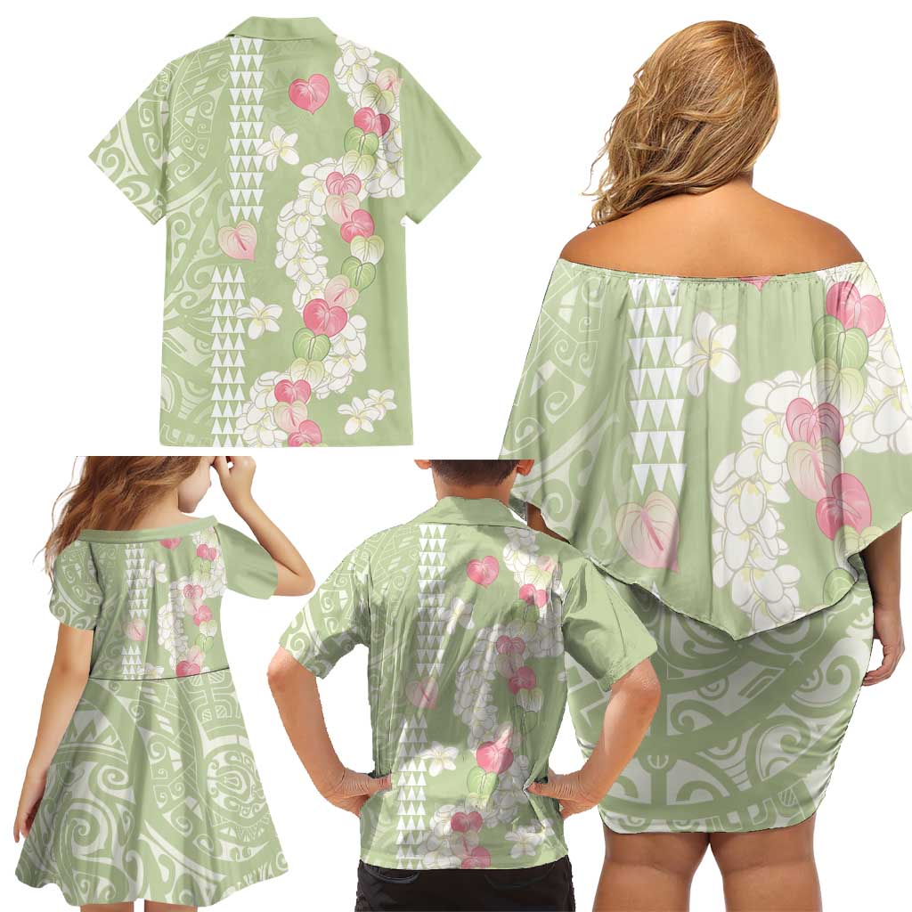 Leaf Green Hawaii Anthurium Plumeria Lei Family Matching Off Shoulder Short Dress and Hawaiian Shirt