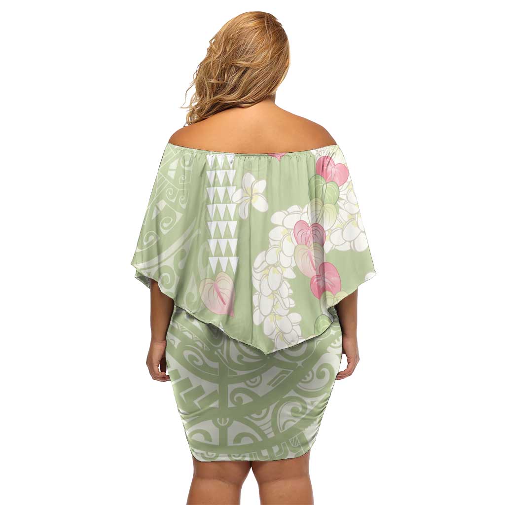 Leaf Green Hawaii Anthurium Plumeria Lei Family Matching Off Shoulder Short Dress and Hawaiian Shirt