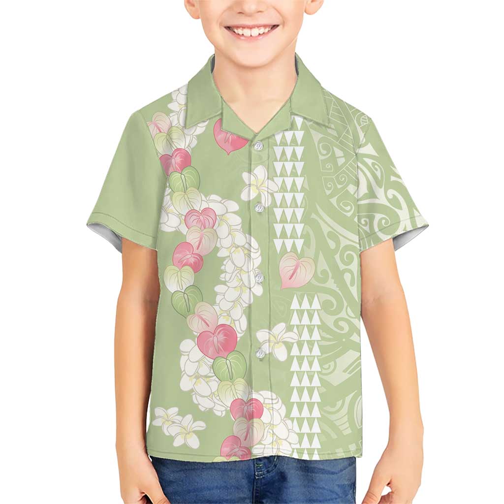 Leaf Green Hawaii Anthurium Plumeria Lei Family Matching Puletasi and Hawaiian Shirt LT9 Son's Shirt Green - Polynesian Pride