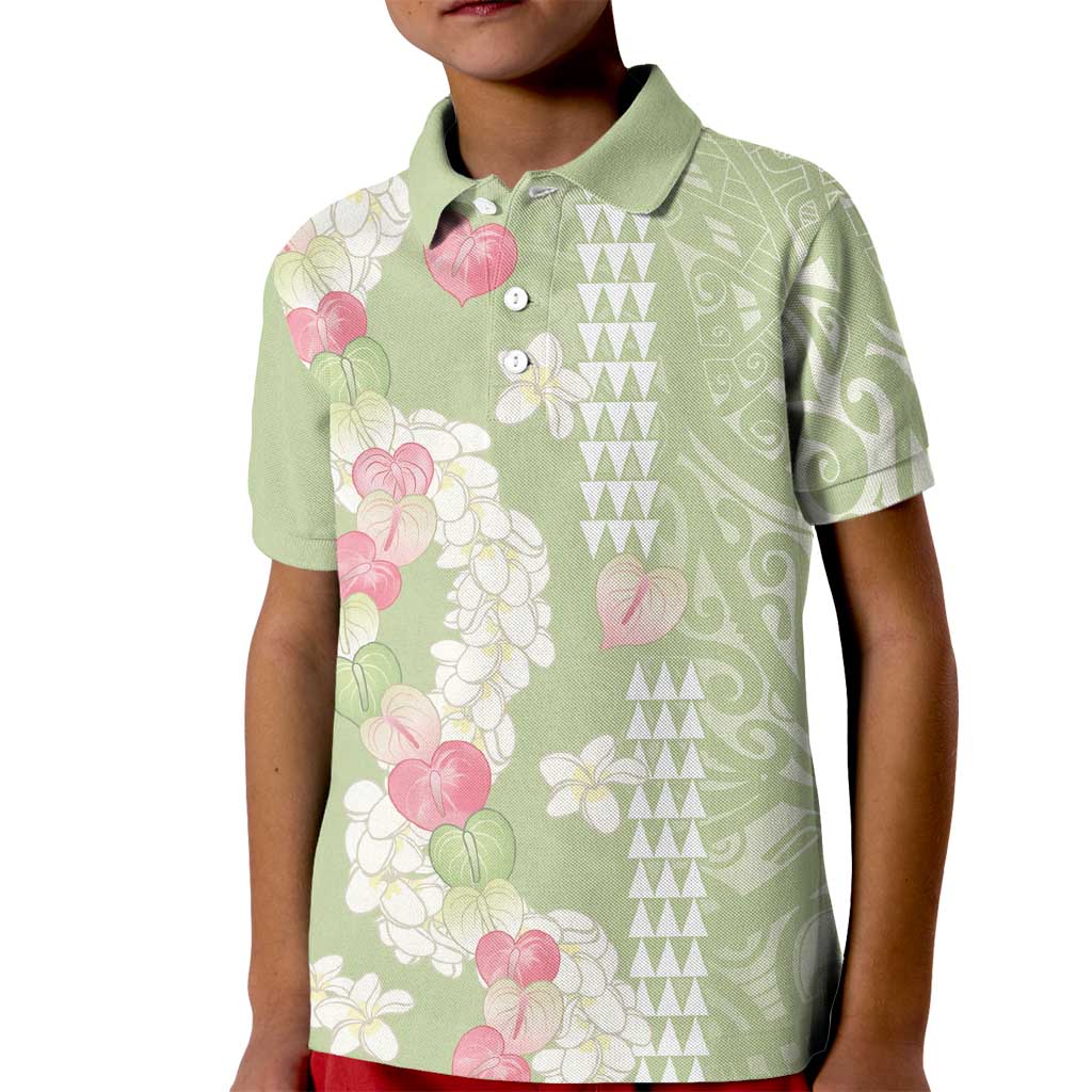 Leaf Green Hawaii Anthurium Plumeria Lei Kid Polo Shirt LT9 Kid Green - Polynesian Pride
