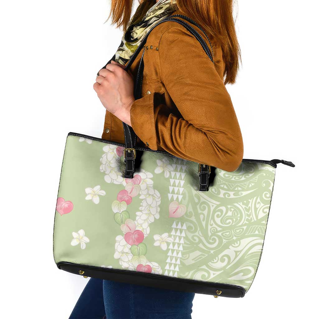 Leaf Green Hawaii Anthurium Plumeria Lei Leather Tote Bag