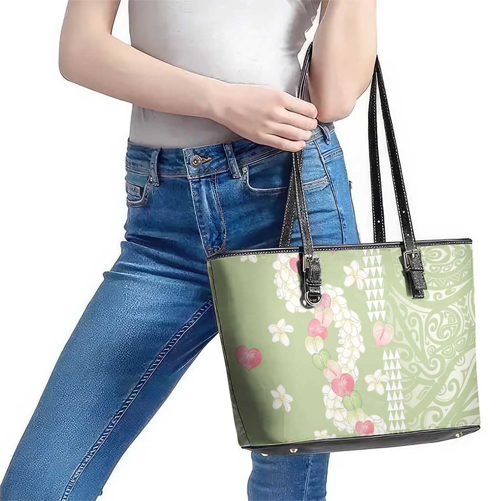 Leaf Green Hawaii Anthurium Plumeria Lei Leather Tote Bag