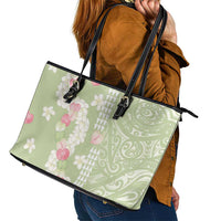 Leaf Green Hawaii Anthurium Plumeria Lei Leather Tote Bag