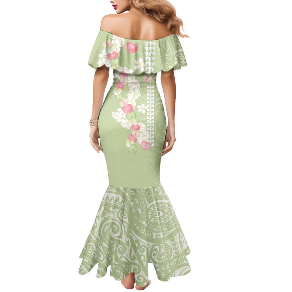 Leaf Green Hawaii Anthurium Plumeria Lei Mermaid Dress
