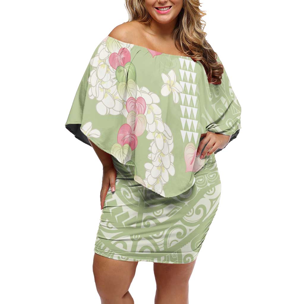 Leaf Green Hawaii Anthurium Plumeria Lei Off Shoulder Short Dress