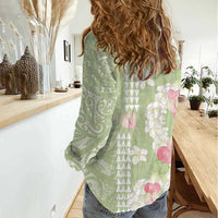 Leaf Green Hawaii Anthurium Plumeria Lei Women Casual Shirt