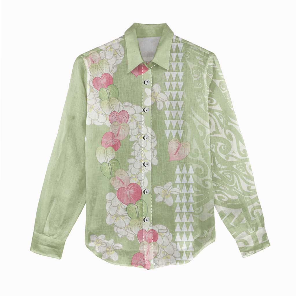 Leaf Green Hawaii Anthurium Plumeria Lei Women Casual Shirt