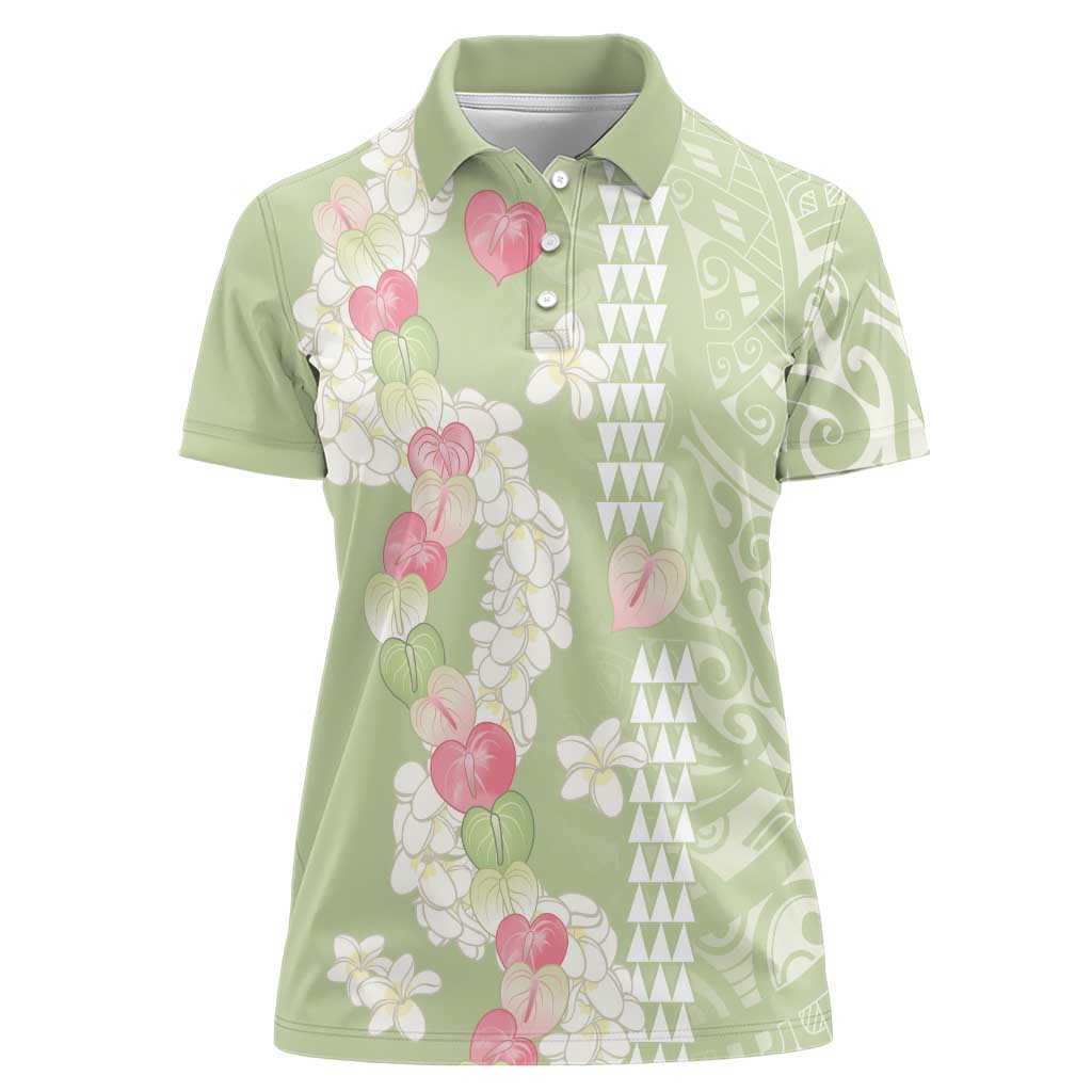 Leaf Green Hawaii Anthurium Plumeria Lei Women Polo Shirt LT9 Female Green - Polynesian Pride