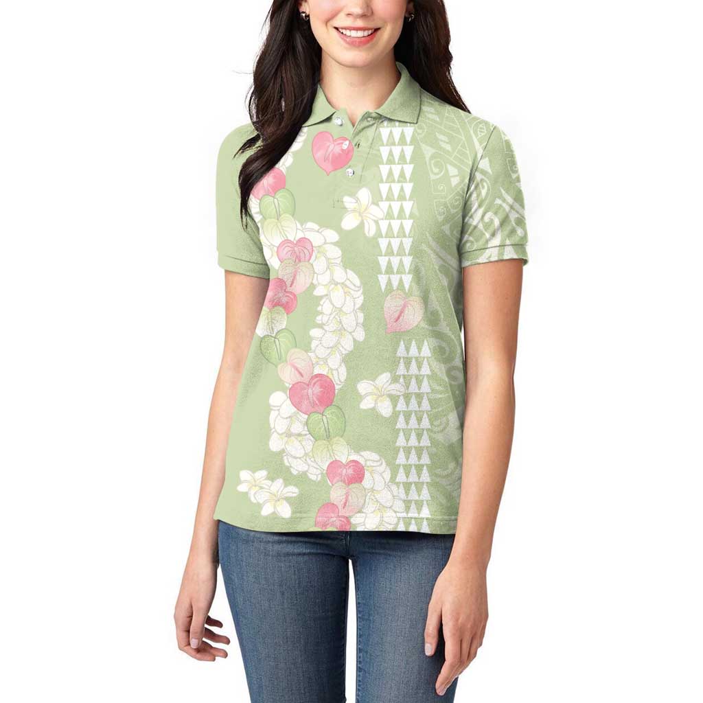 Leaf Green Hawaii Anthurium Plumeria Lei Women Polo Shirt LT9 - Polynesian Pride