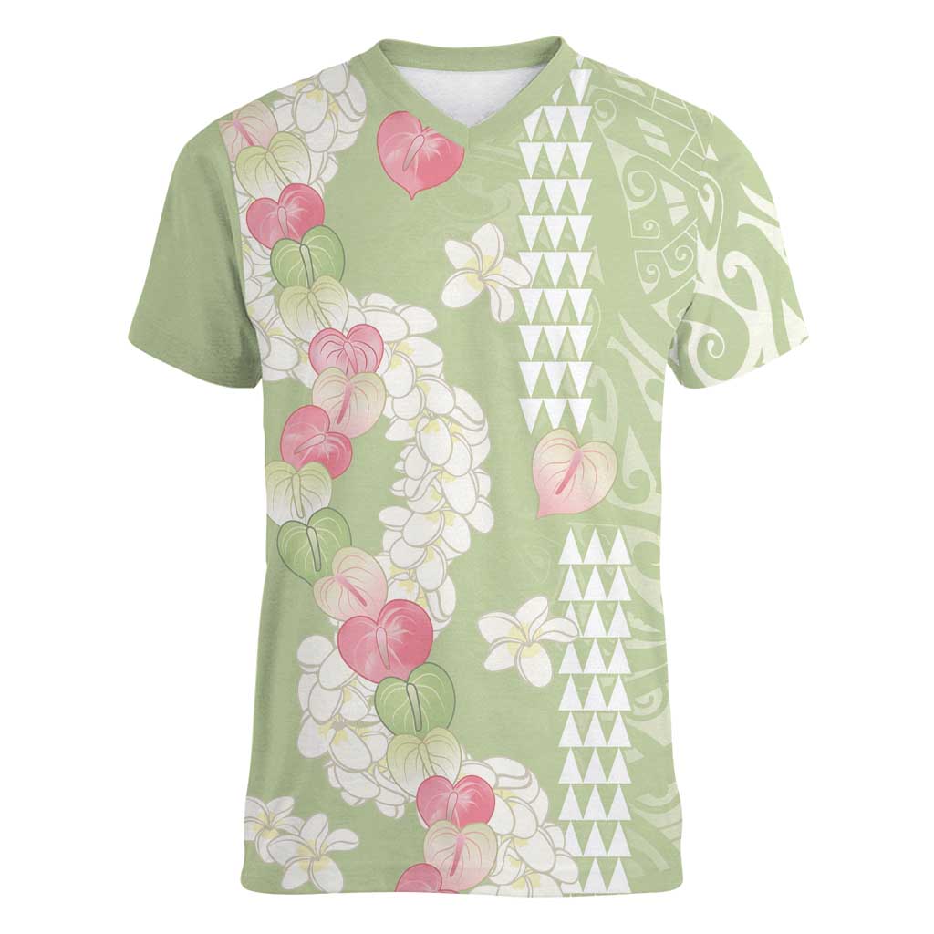 Leaf Green Hawaii Anthurium Plumeria Lei Women V-Neck T-Shirt LT9 Female Green - Polynesian Pride