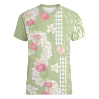 Leaf Green Hawaii Anthurium Plumeria Lei Women V-Neck T-Shirt LT9 Female Green - Polynesian Pride