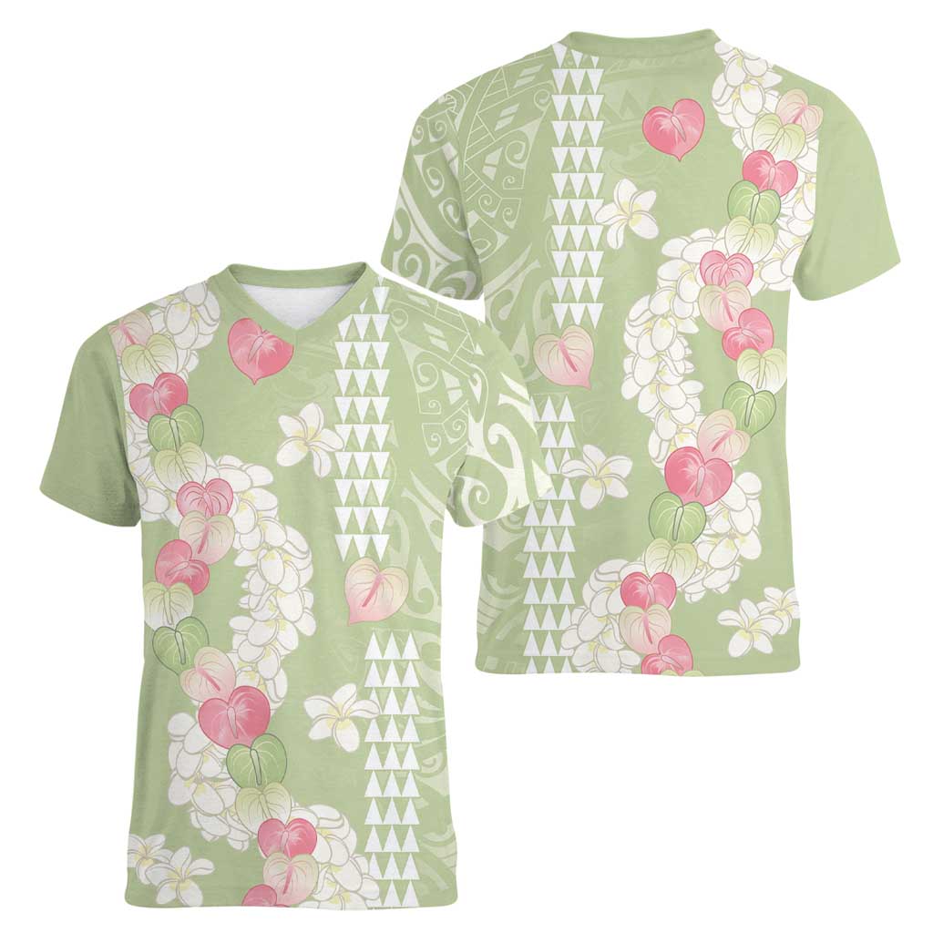 Leaf Green Hawaii Anthurium Plumeria Lei Women V-Neck T-Shirt LT9 - Polynesian Pride