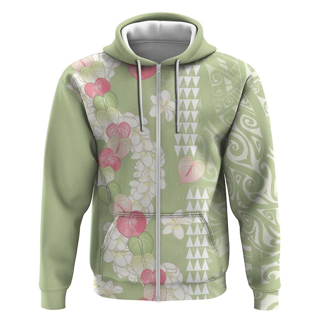 Leaf Green Hawaii Anthurium Plumeria Lei Zip Hoodie