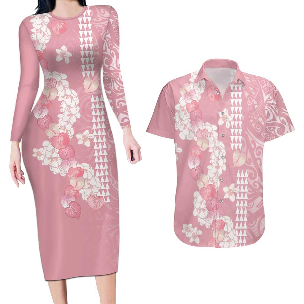 Soft Pink Hawaii Anthurium Plumeria Lei Couples Matching Long Sleeve Bodycon Dress and Hawaiian Shirt LT9 Pink - Polynesian Pride