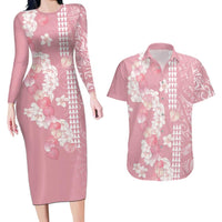 Soft Pink Hawaii Anthurium Plumeria Lei Couples Matching Long Sleeve Bodycon Dress and Hawaiian Shirt LT9 Pink - Polynesian Pride