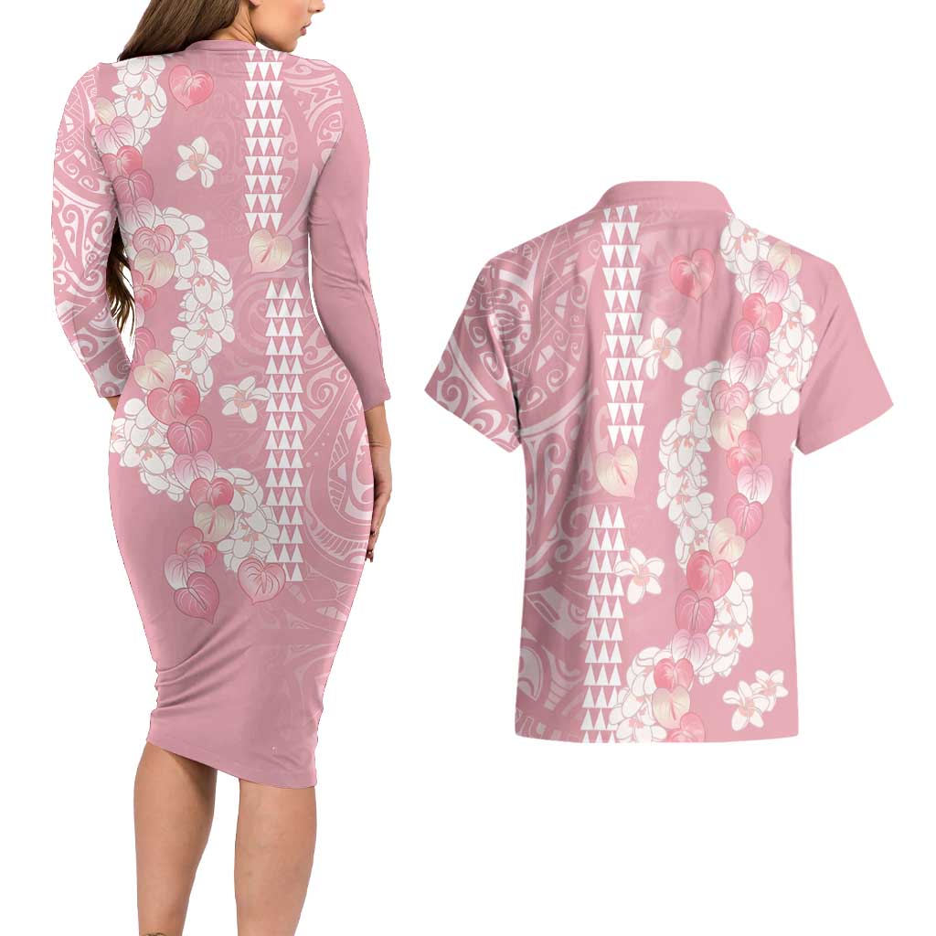 Soft Pink Hawaii Anthurium Plumeria Lei Couples Matching Long Sleeve Bodycon Dress and Hawaiian Shirt LT9 - Polynesian Pride
