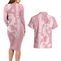 Soft Pink Hawaii Anthurium Plumeria Lei Couples Matching Long Sleeve Bodycon Dress and Hawaiian Shirt LT9 - Polynesian Pride