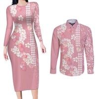 Soft Pink Hawaii Anthurium Plumeria Lei Couples Matching Long Sleeve Bodycon Dress and Long Sleeve Button Shirt